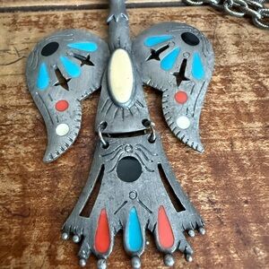 Vintage Unisex Signed Turquoise Southwest Phoenix Bird Pendant Necklace